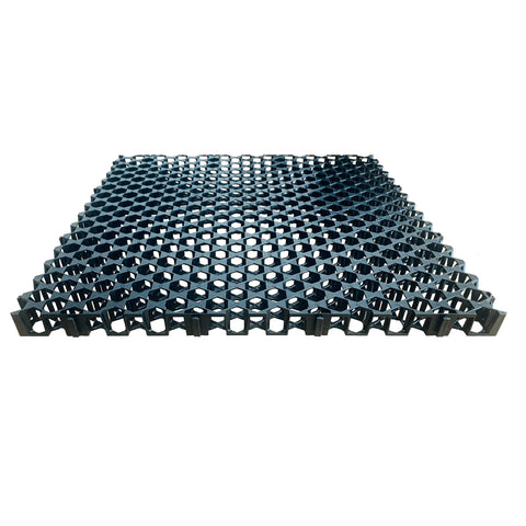 Blue hexagonal plastic grid paver tile for grass reinforcement, permeable driveways, and landscaping.
