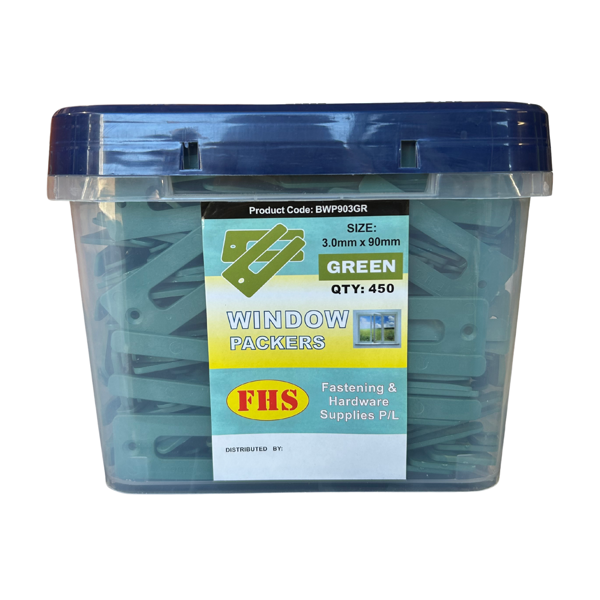 Pack of 450 green 3mm window packers in blue plastic tub, ideal shims for window installation