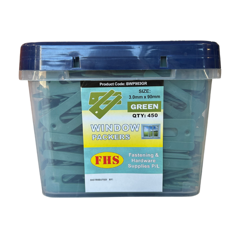 Pack of 450 green 3mm window packers in blue plastic tub, ideal shims for window installation