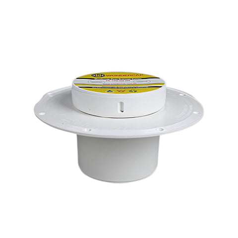 Wondercap RetroFit Kit: white flange cap with yellow label, retrofits drains to seal odors, boosts hygiene in wet areas.