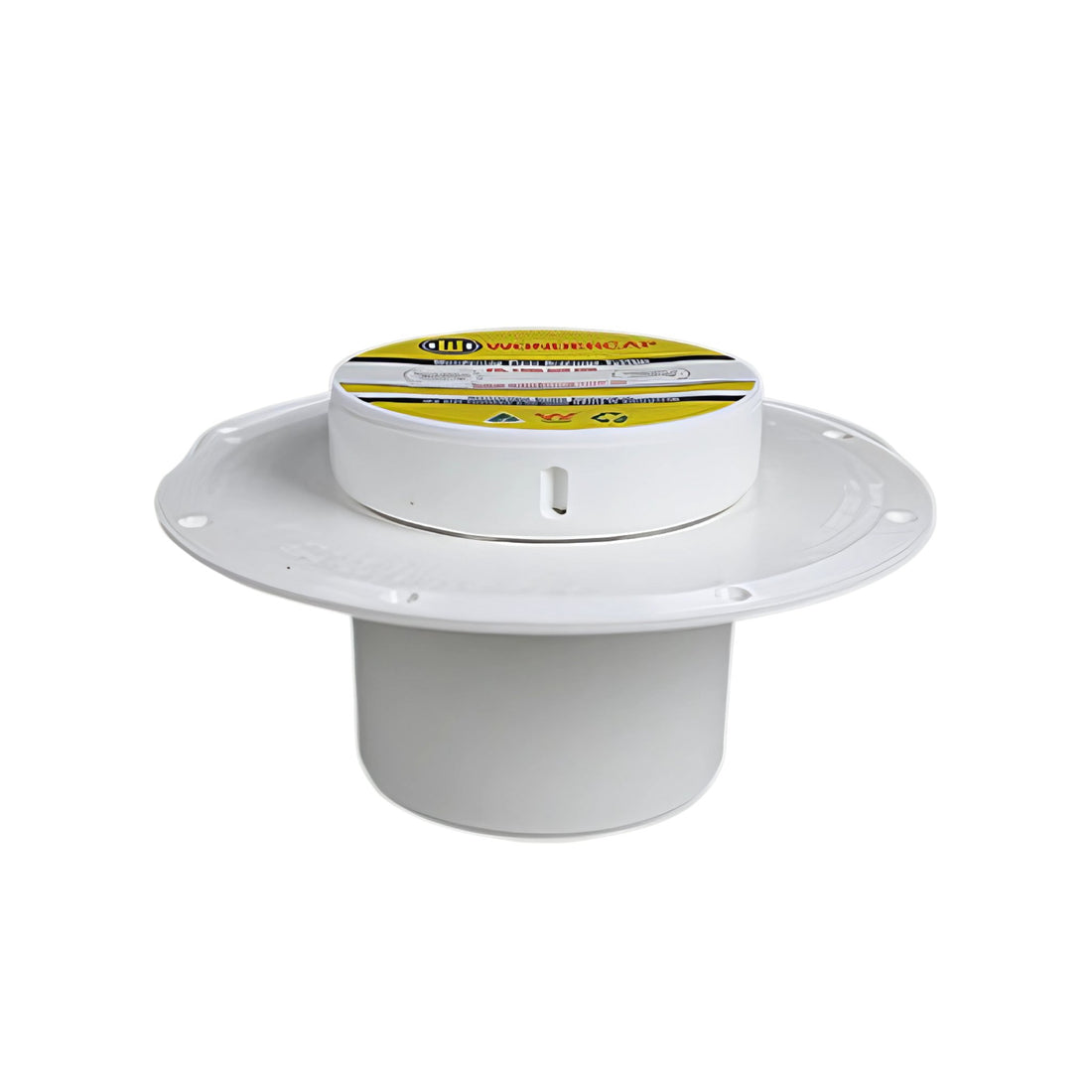 Wondercap RetroFit Kit: white flange cap with yellow label, retrofits drains to seal odors, boosts hygiene in wet areas.