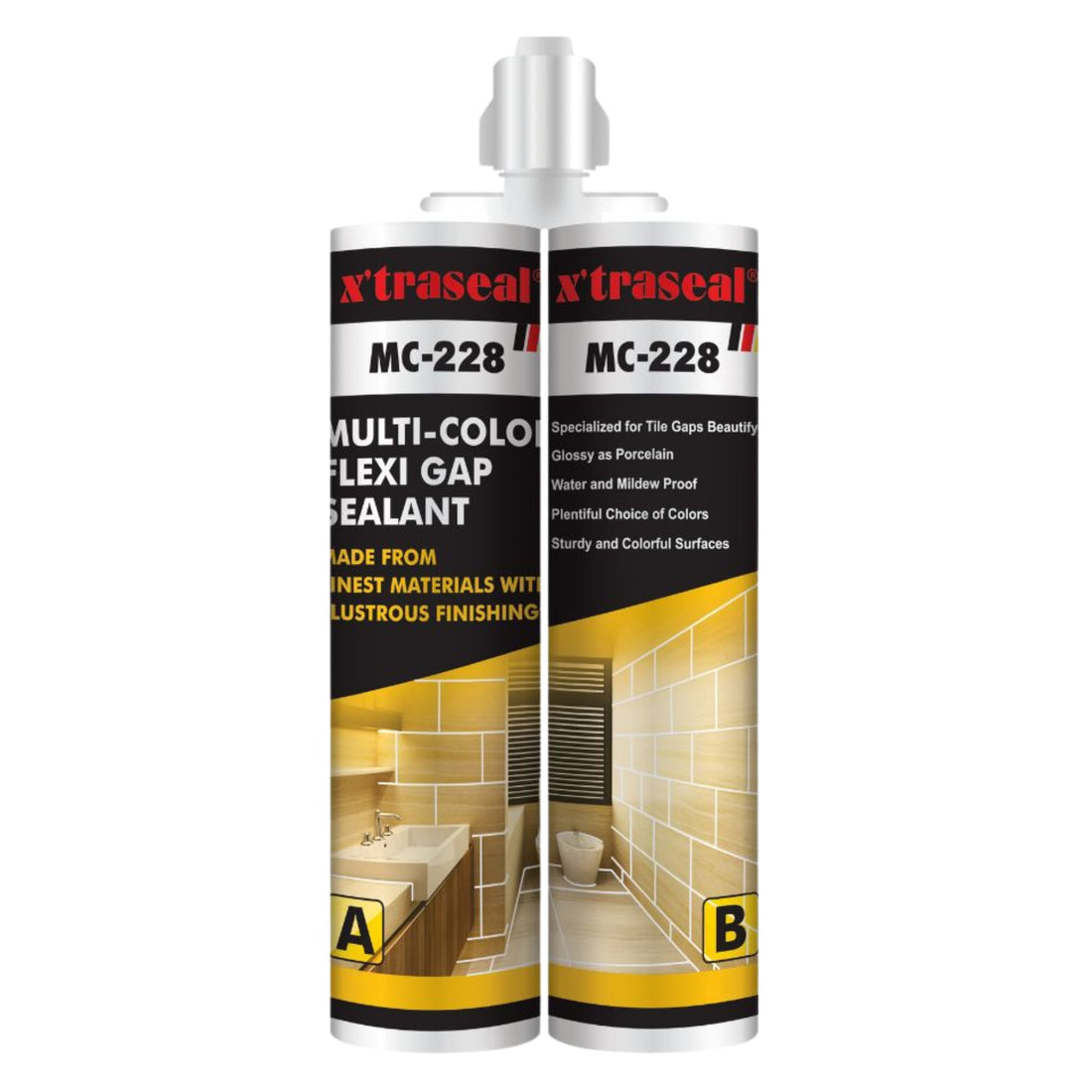 Xtraseal MC-228 twin cartridge multi-color flexi gap sealant for glossy, waterproof tile joint sealing in wet areas.