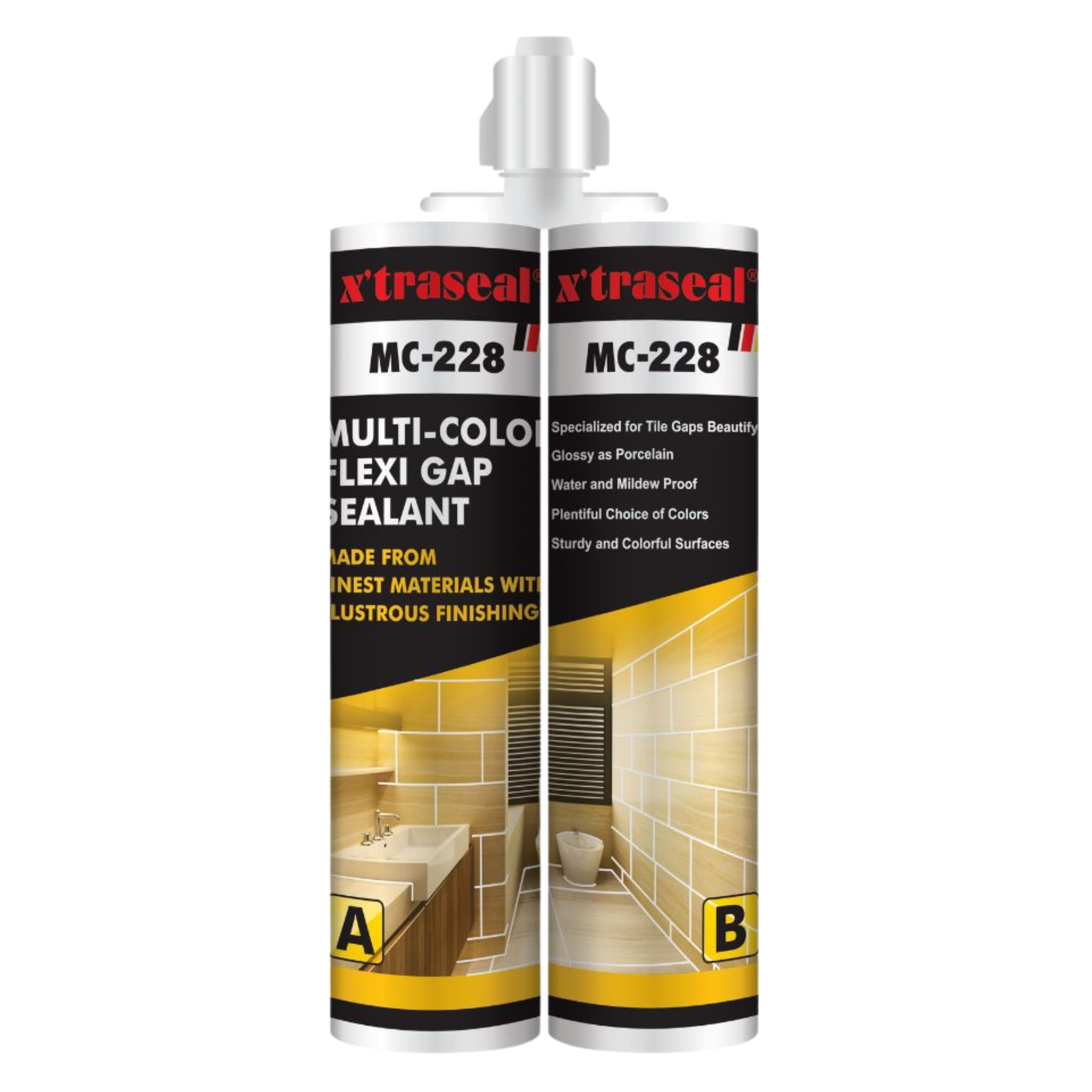 Xtraseal MC-228 twin cartridge multi-color flexi gap sealant for glossy, waterproof tile joint sealing in wet areas.