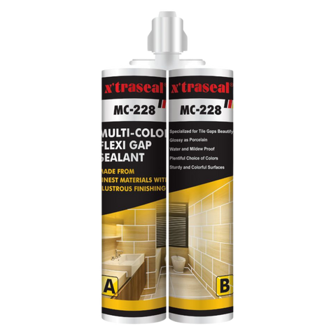 Xtraseal MC-228 twin cartridge multi-color flexi gap sealant for glossy, waterproof tile joint sealing in wet areas.