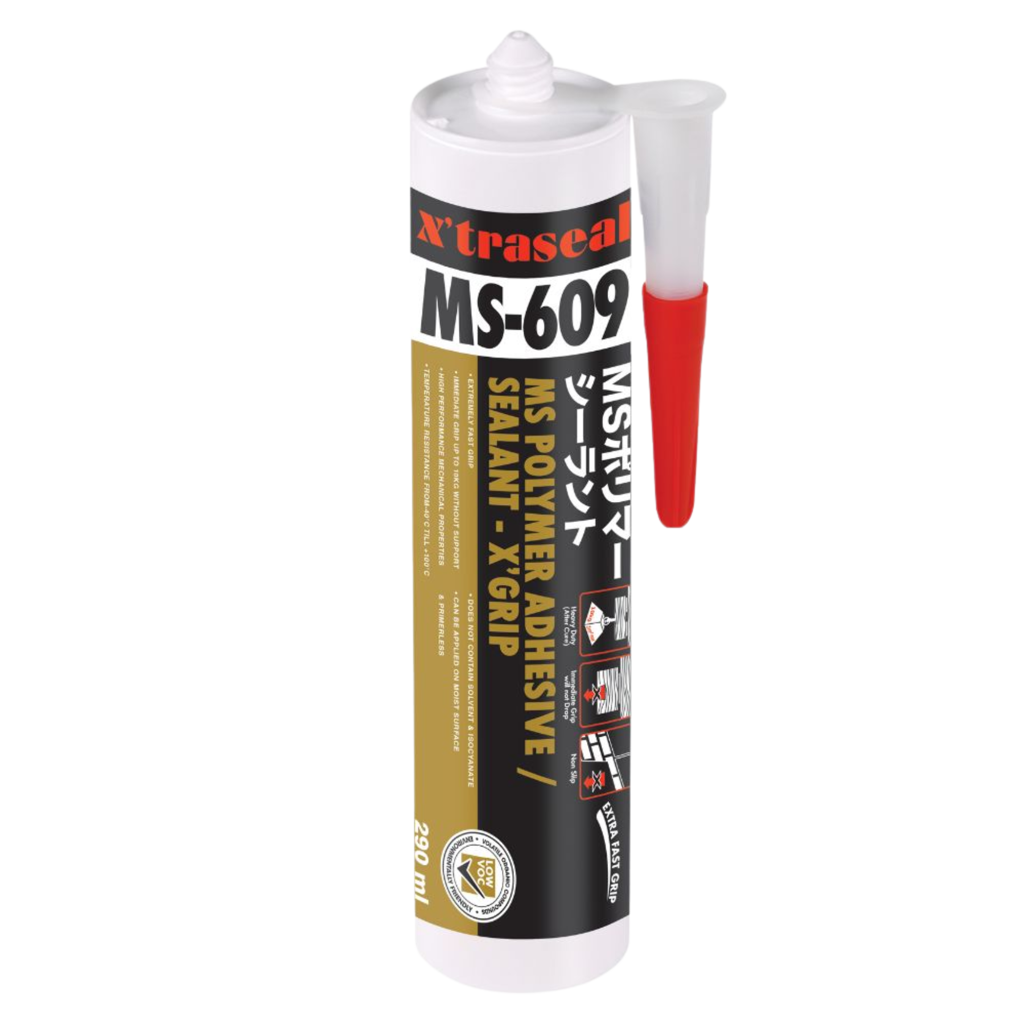 Xtraseal MS-609 hybrid MS polymer grip adhesive cartridge for high-initial-grab bonding of mirrors, skirtings & panels.