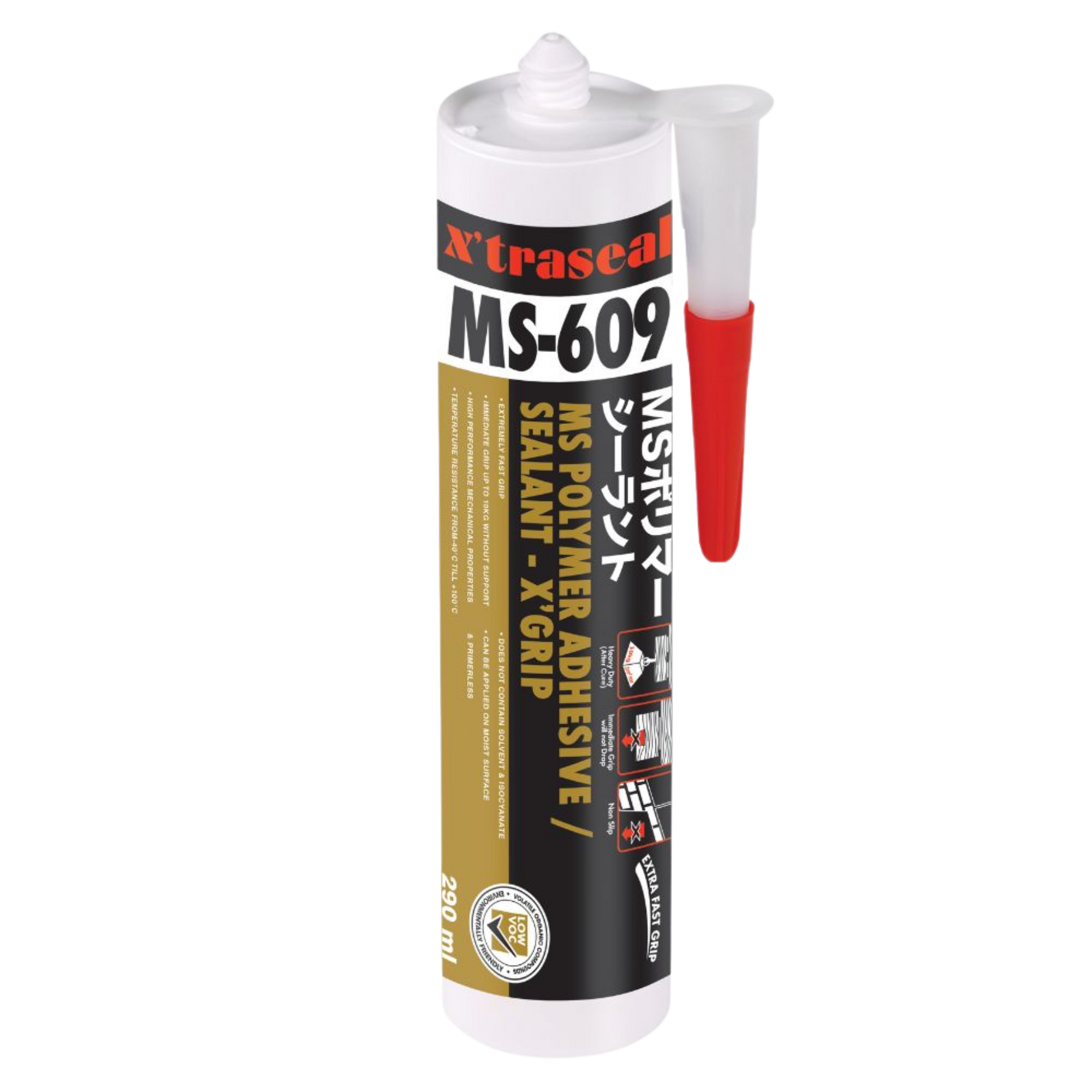 Xtraseal MS-609 hybrid MS polymer grip adhesive cartridge for high-initial-grab bonding of mirrors, skirtings & panels.