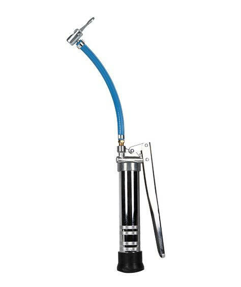 Robust black injection gun with silver trigger, blue hose for precise epoxy/polyurethane crack repair in concrete.