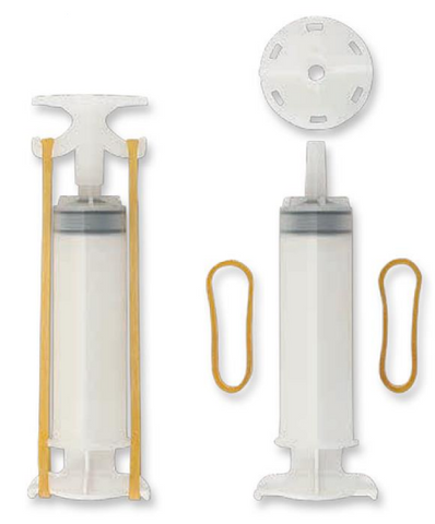 Low-pressure 50ml injection syringe with pedestal and bands for precise epoxy concrete crack repair.