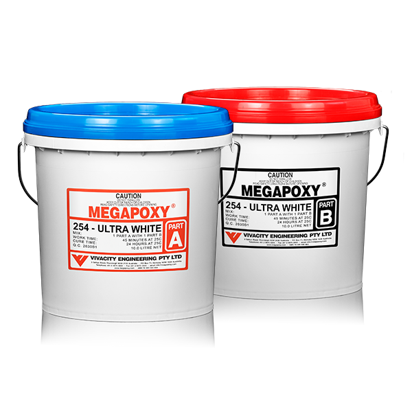 Megapoxy 254 twin pails: blue Part A, red Part B non-sag epoxy paste for vertical stone bonding & overhead concrete repairs.