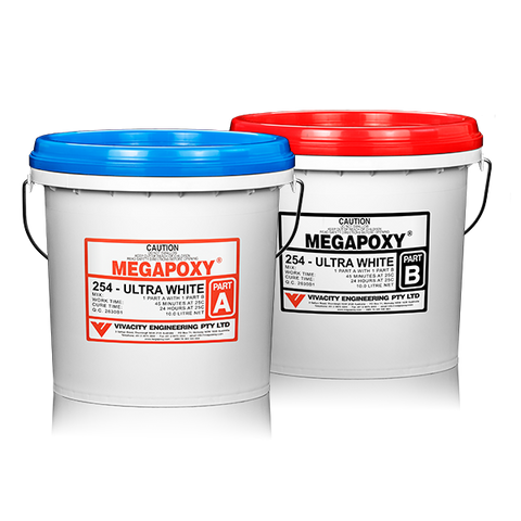 Megapoxy 254 twin pails: blue Part A, red Part B non-sag epoxy paste for vertical stone bonding & overhead concrete repairs.