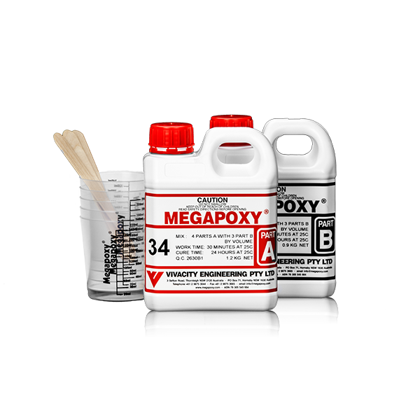 Megapoxy 34 two-part epoxy resin kit: Part A & B bottles, mixing cup, stirrer for void-free electrical potting & cable joi...