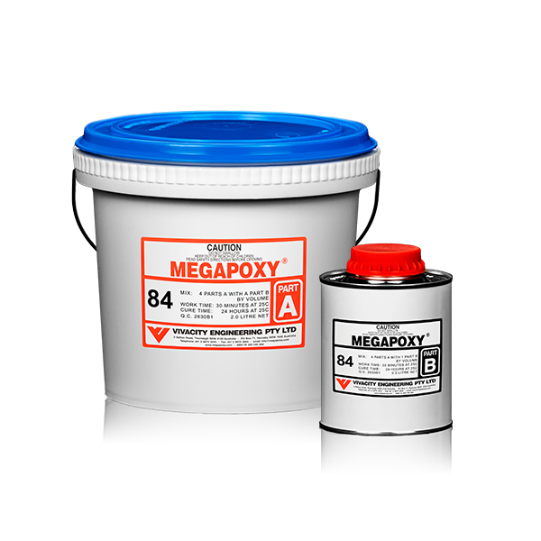 Megapoxy 84 two-part epoxy adhesive kit: white pail (Part A), red-capped tin (Part B) for 120°C ceramic tile bonds to stee...