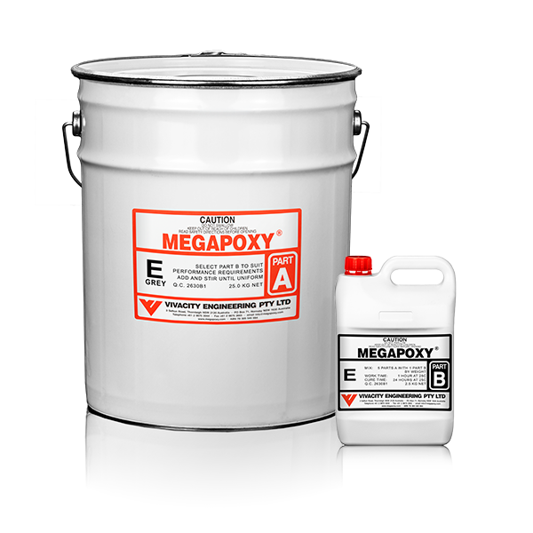 Megapoxy E epoxy kit: grey Part E resin pail + Part B hardener for electrical encapsulation & high-strength castings.
