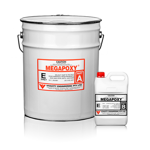 Megapoxy E epoxy kit: grey Part E resin pail + Part B hardener for electrical encapsulation & high-strength castings.