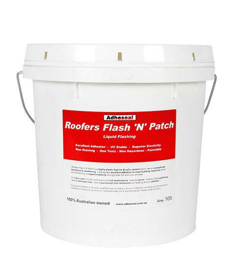 Adheseal Roofers Flash 'N' Patch 10L grey pail: hybrid acrylic sealant seals roof penetrations, cracks, gutters; flexible ...