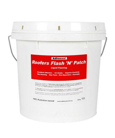Adheseal Roofers Flash 'N' Patch 10L grey pail: hybrid acrylic sealant seals roof penetrations, cracks, gutters; flexible ...