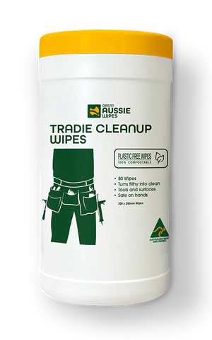 80 plastic-free Great Aussie Tradie Cleanup Wipes tub removes adhesive, sealant, grease from hands, tools, surfaces safely.