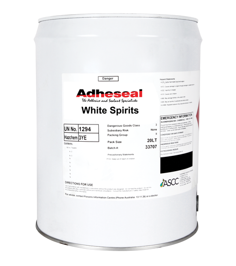 Adheseal 20L White Spirits drum, mineral turps solvent for tool cleaning, surface prep and paint thinning in construction.