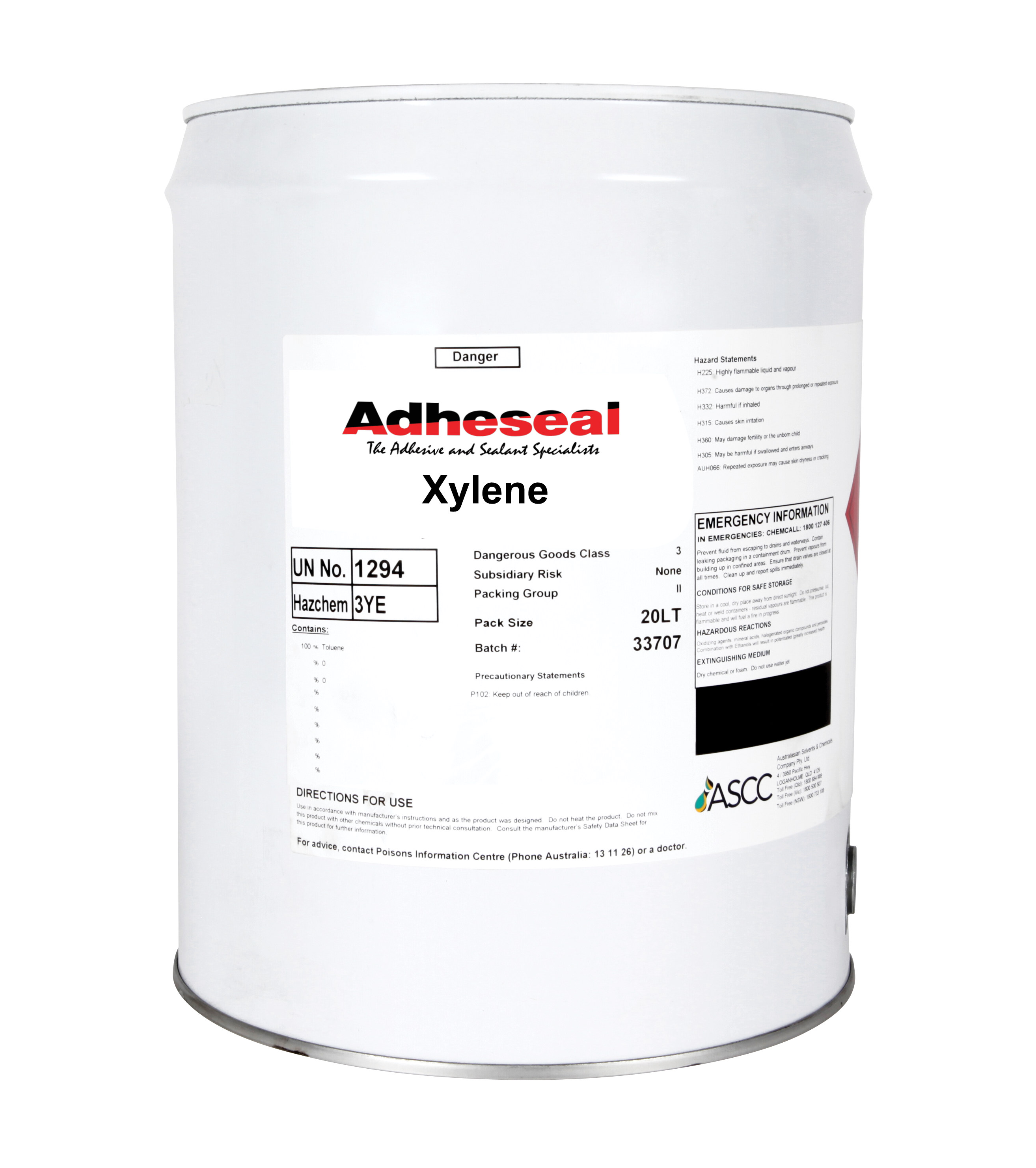 Adheseal Xylene 20L solvent drum thins solvent-based sealants, cleans grease/oil from stone, glass, metal in construction ...